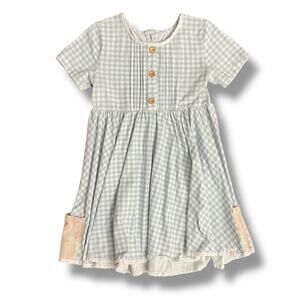 SweetHoney‎ Girls Blue Gingham Bunny Pocket Dress Lace Trim Button Front